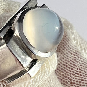 Art Deco c 1930s Sterling Silver Moonstone Tank Ring. Signed.