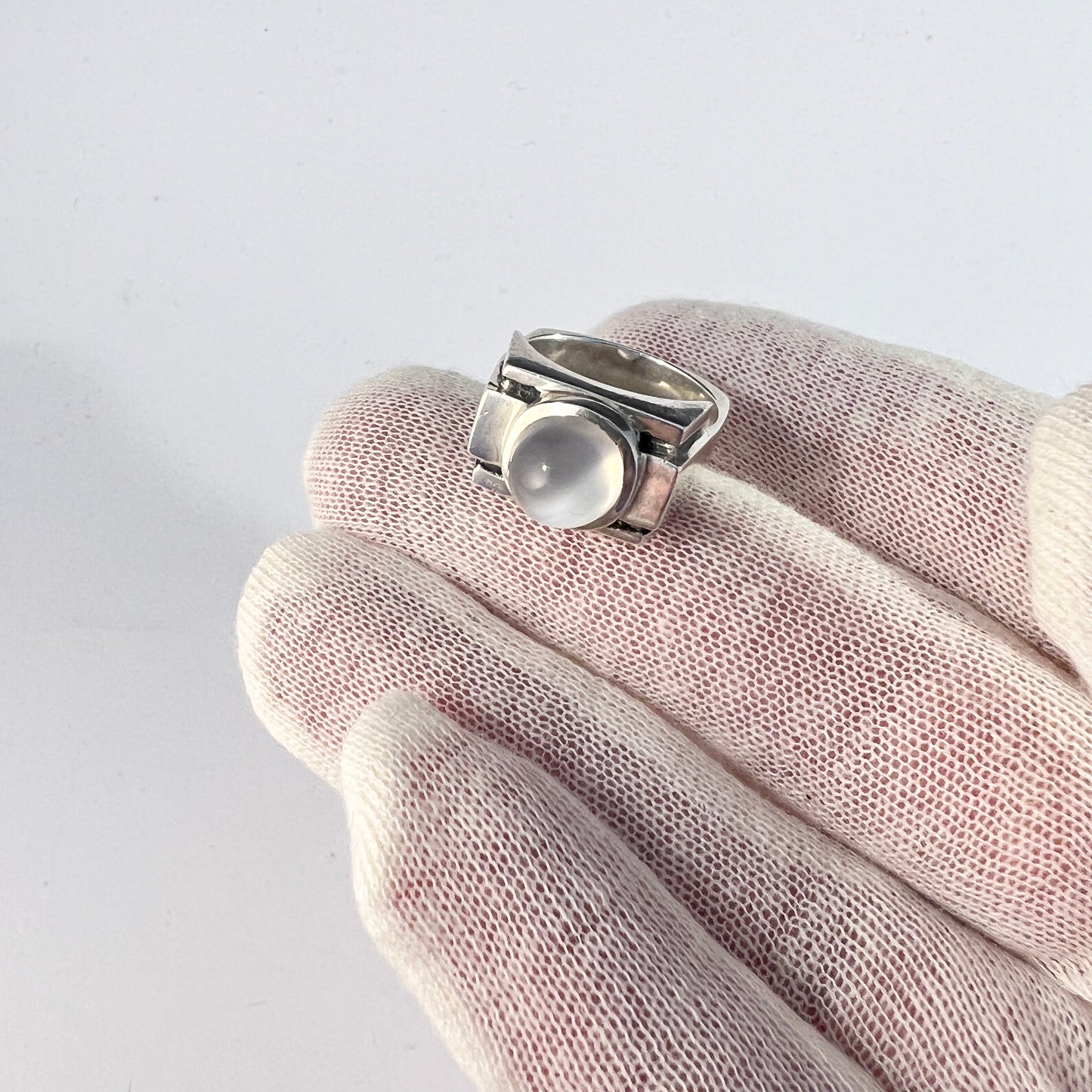 Art Deco c 1930s Sterling Silver Moonstone Tank Ring. Signed.