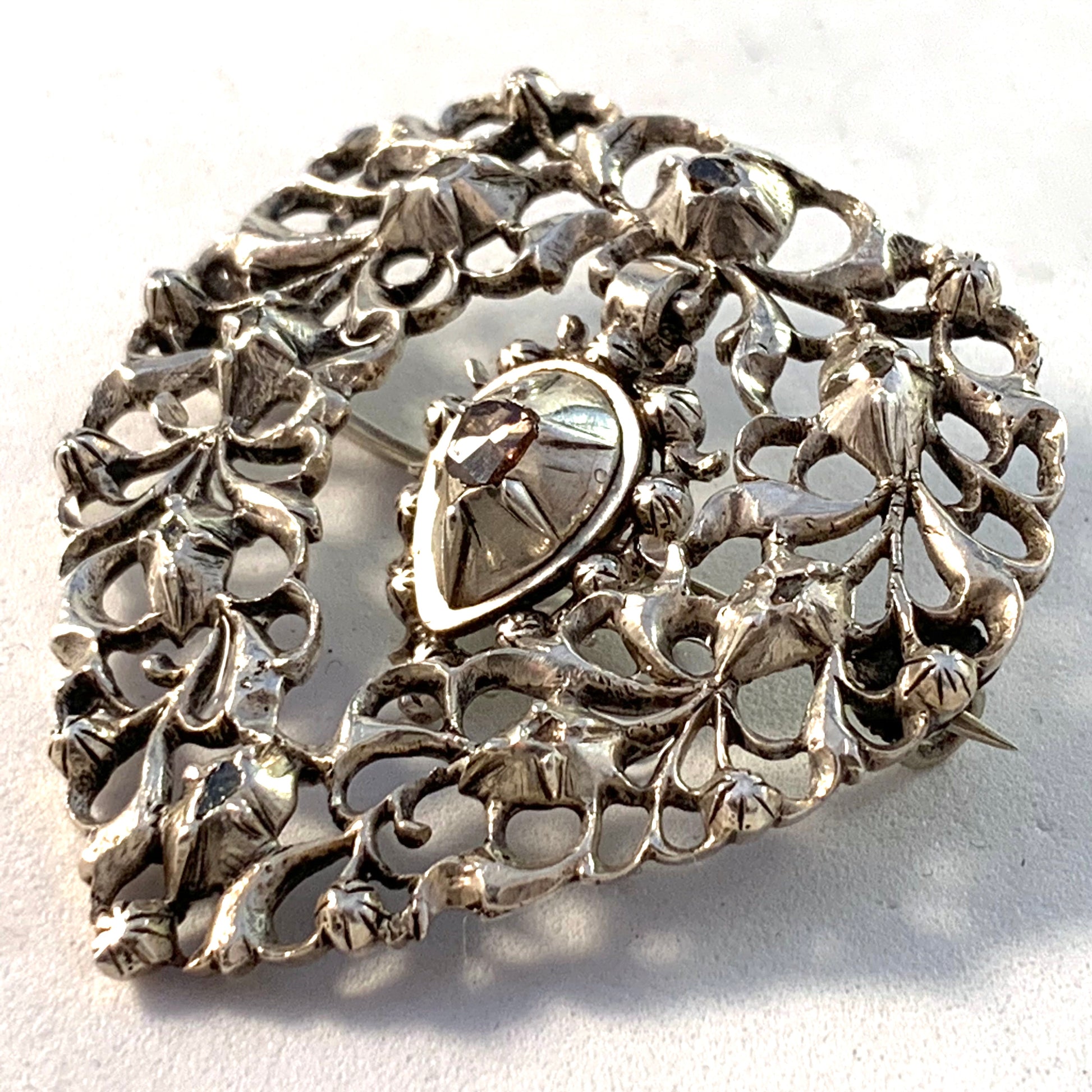Art Nouveau c year 1900 Silver Rose Cut Diamonds Brooch.