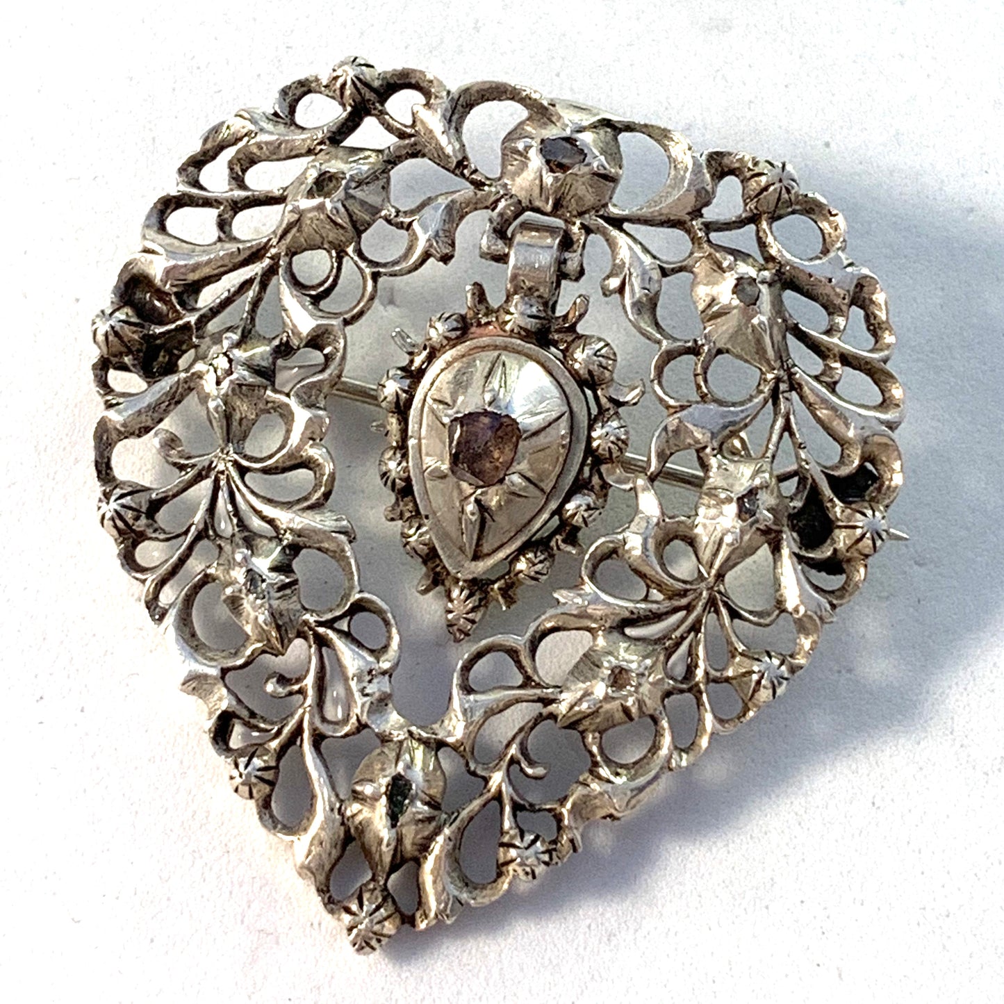 Art Nouveau c year 1900 Silver Rose Cut Diamond Brooch.