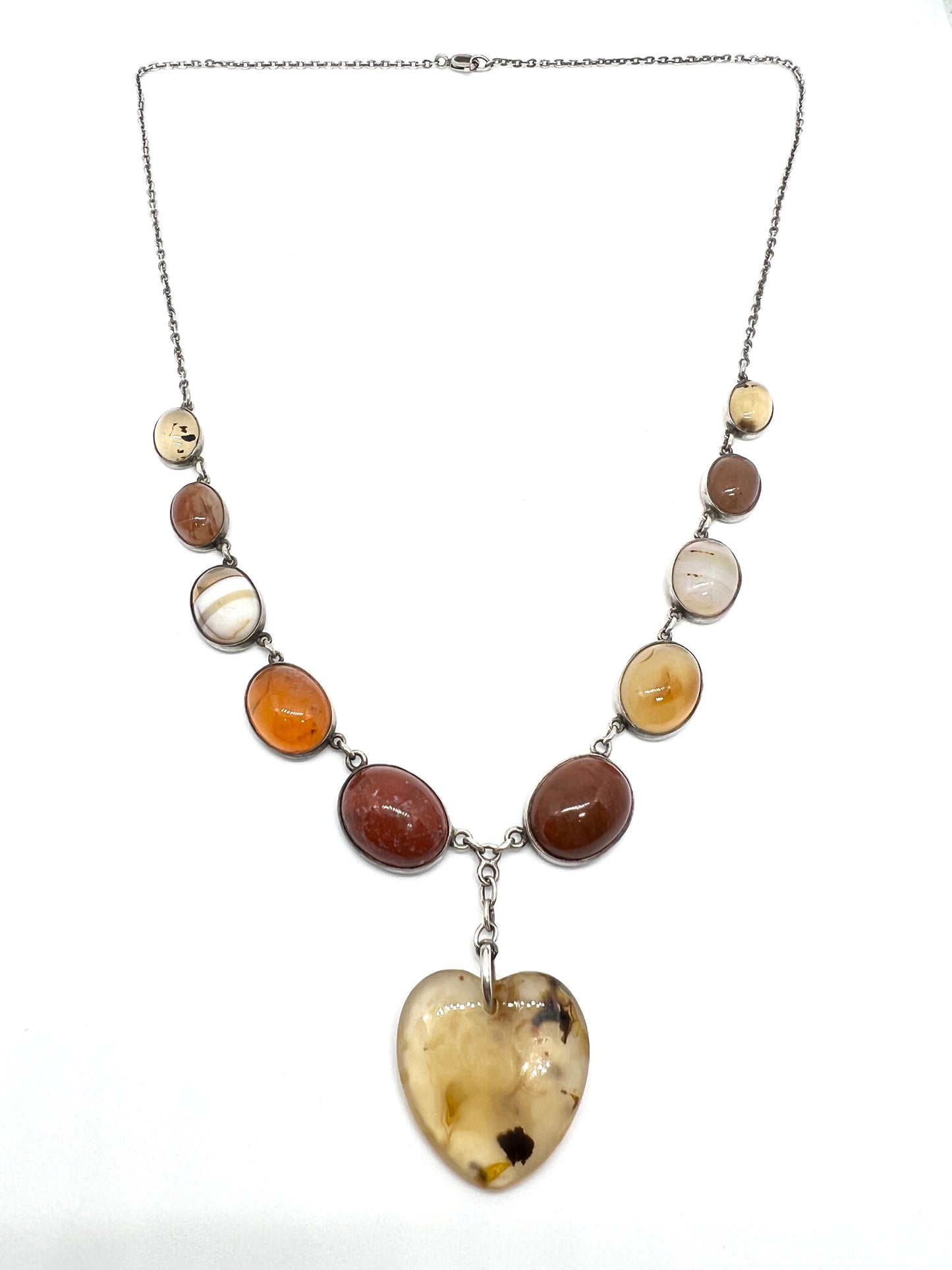 Sweden 1930-40s. Solid Silver Agate Heart Necklace.