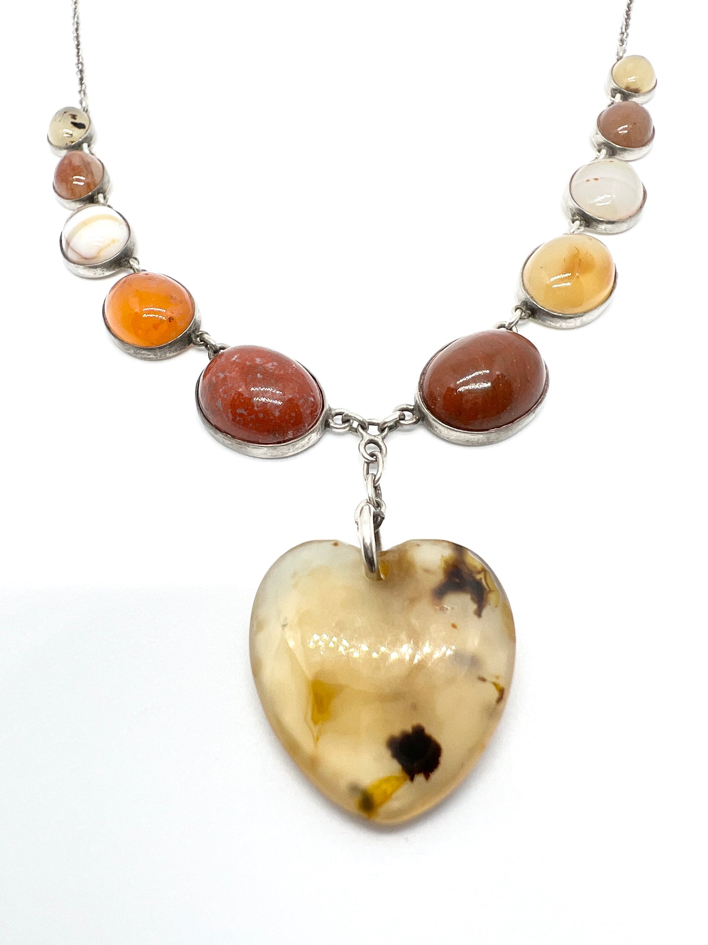 Sweden 1930-40s. Solid Silver Agate Heart Necklace.