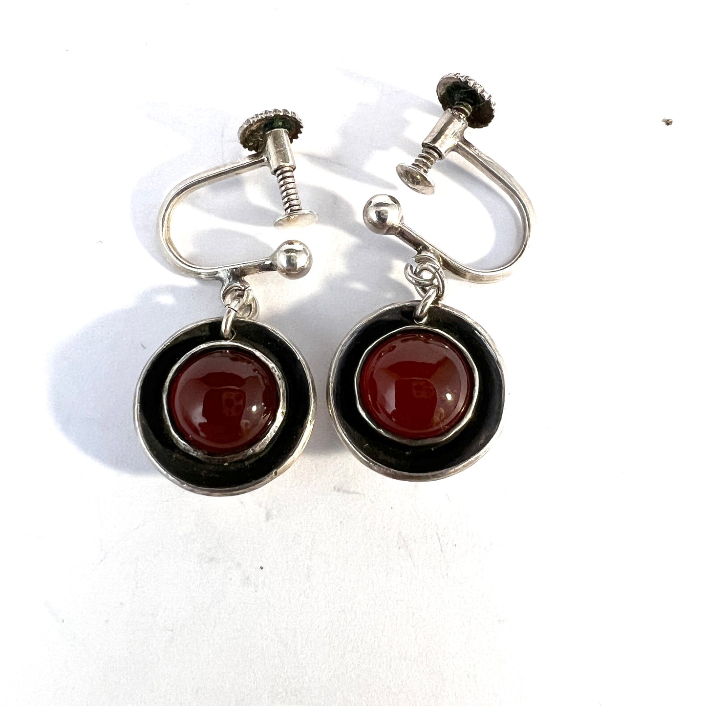 Mats Fors, Sweden 1954. Solid Silver Carnelian Earrings.