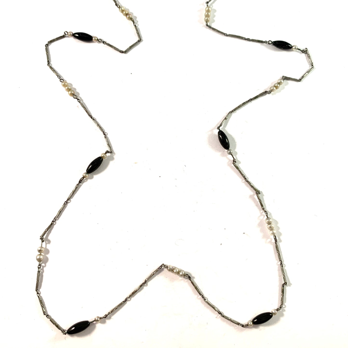 Signed Germany. WW1-Era c 1915. White Metal Seed Pearl Black Enamel Bead Long Necklace.