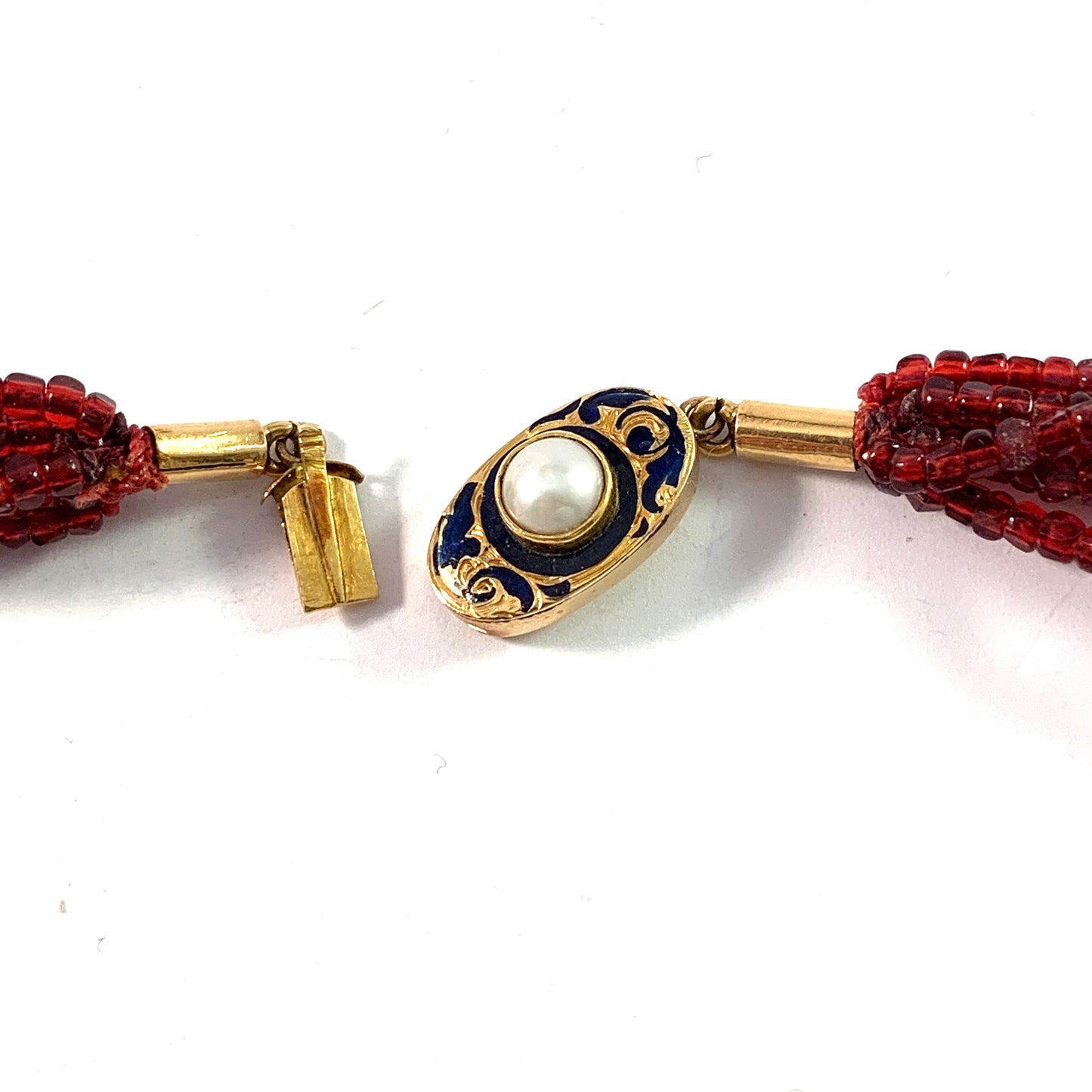 Giron & Löngren, Sweden 1844. Antique 18k Gold Paste Beads Pearl Enamel Necklace.