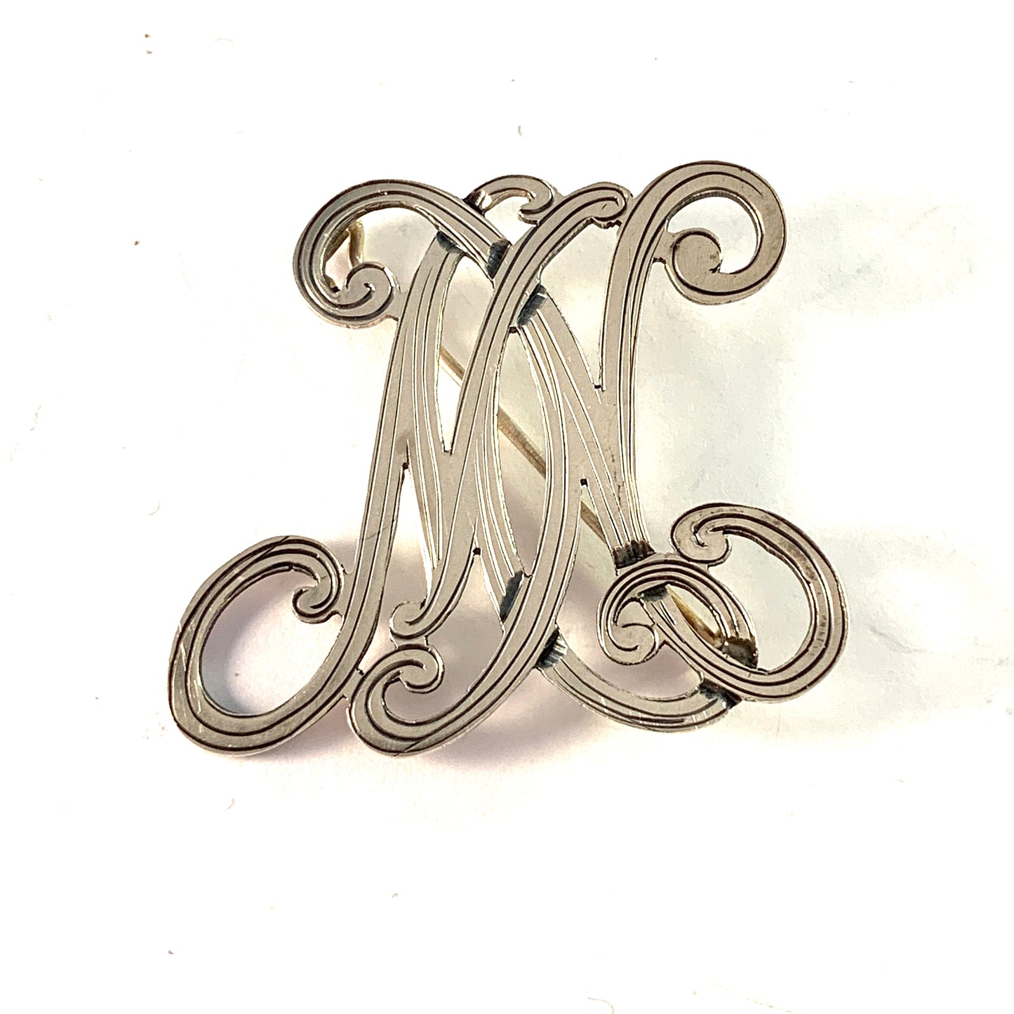Germany c 1890 Victorian 830 Silver Monogram Brooch. MN or MH