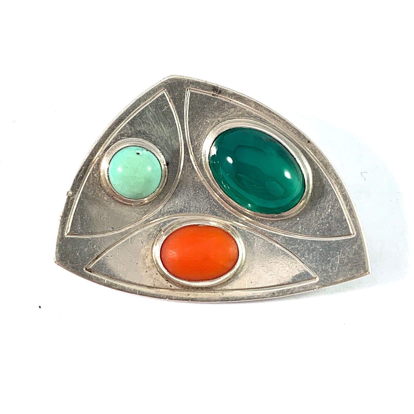 Michelsen, Stockholm 1957. Mid Century Modern Sterling Silver Chrysoprase Turquoise Coral Brooch.