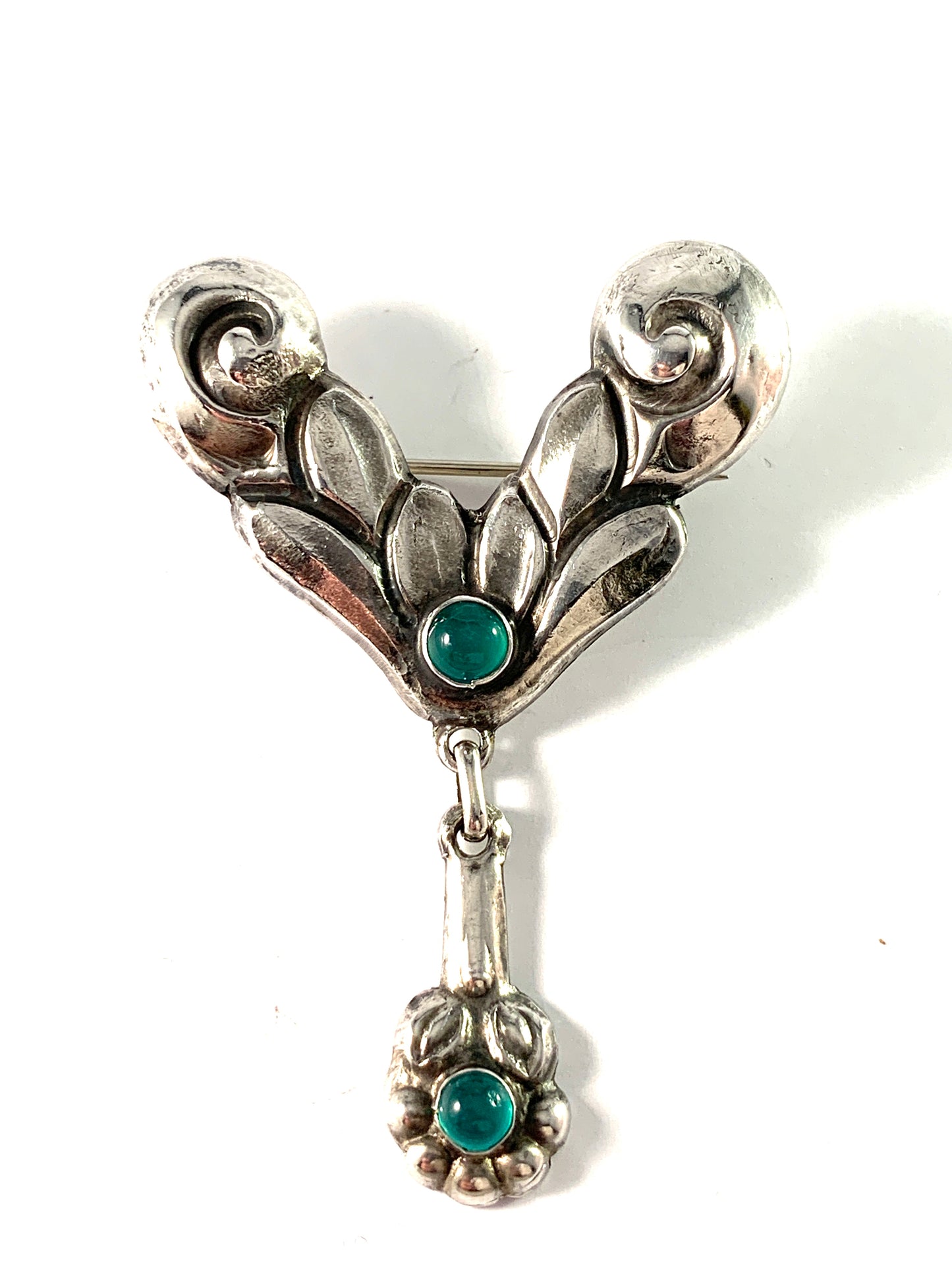 E.L. Weimann, Denmark c 1910s Art Nouveau Skonvirke 830 Silver Chrysoprase Brooch.