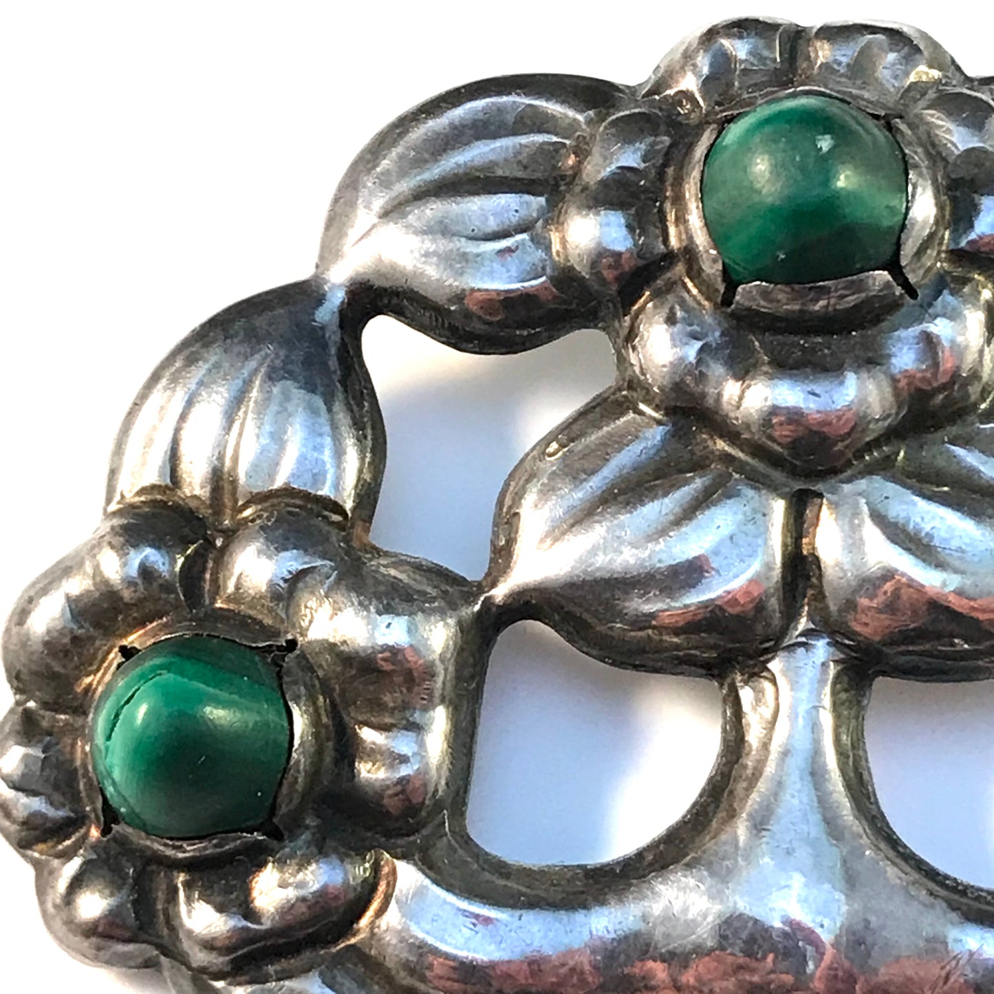 Evald Nielsen for SL Jacobsen & Co, Denmark 1910s Arts and Crafts 830 Silver Malachite Brooch