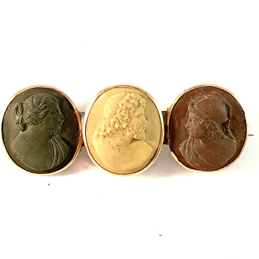 Antique Georgian Grand Tour Lava Cameos Set in 12k Gold Brooch.