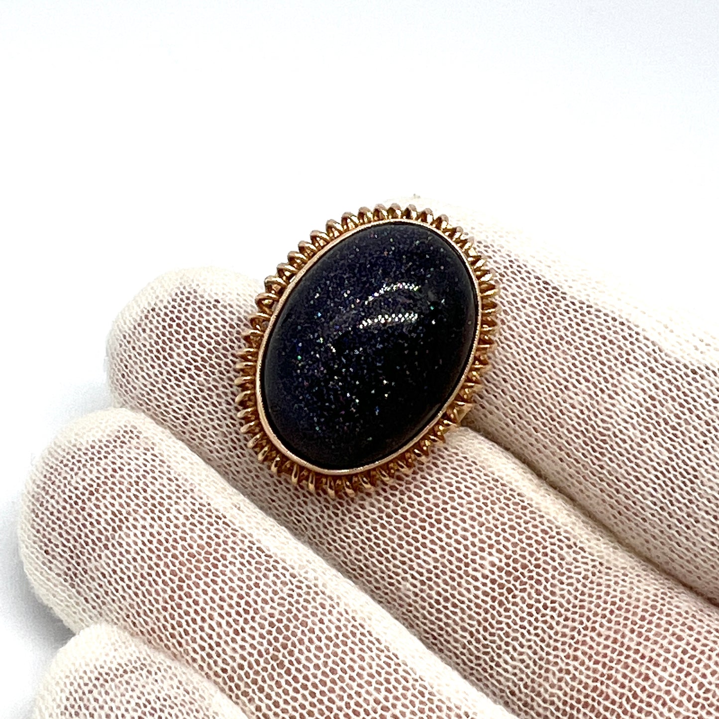 Poland 1960s. Bold 14k Gold Dark Blue Sandstone Ring. 12.5gram