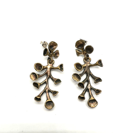 Hannu Ikonen Finland 1970s Large Reindeer Moss Design Bronze Silver Earrings.