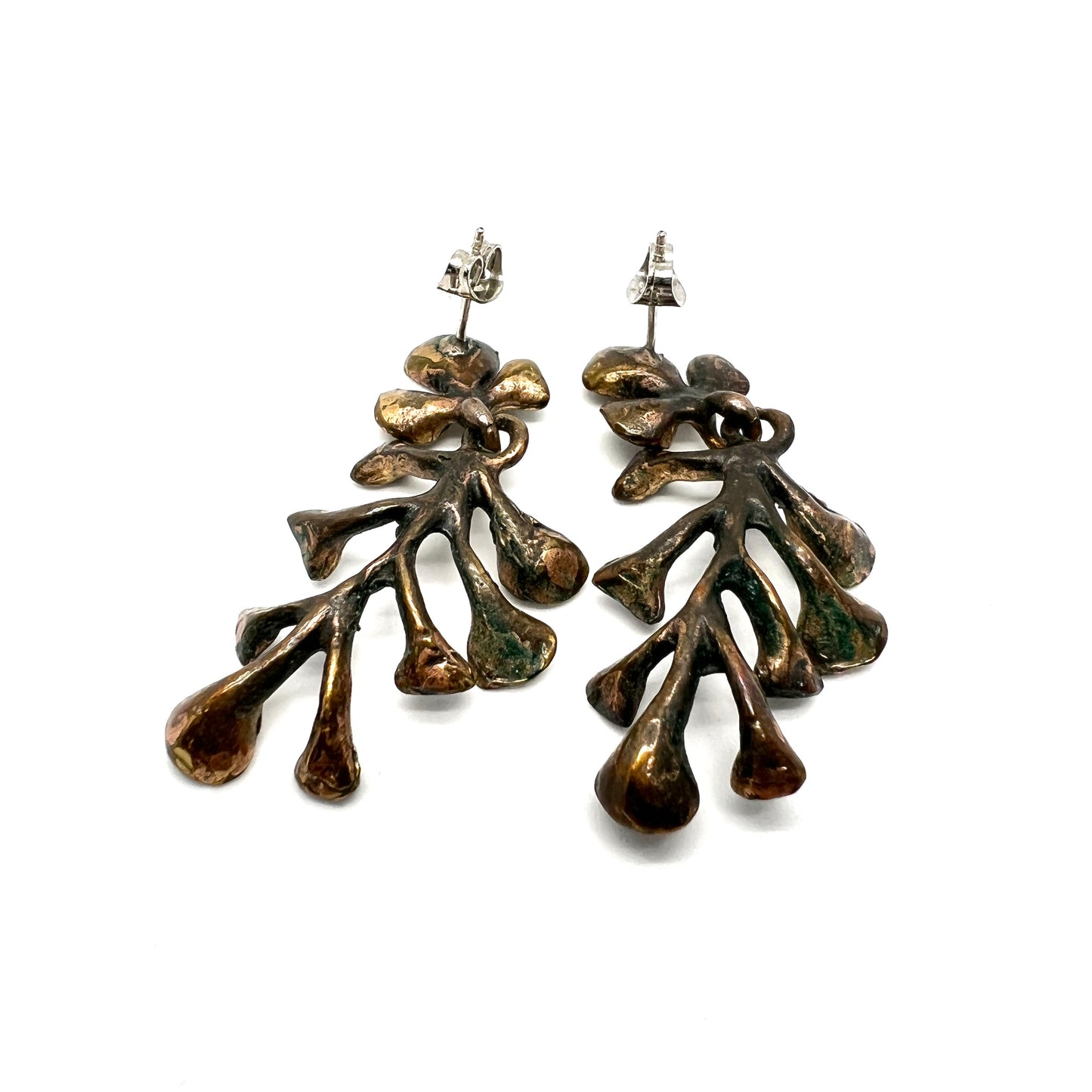 Hannu Ikonen Finland 1970s Large Reindeer Moss Design Bronze Silver Earrings.