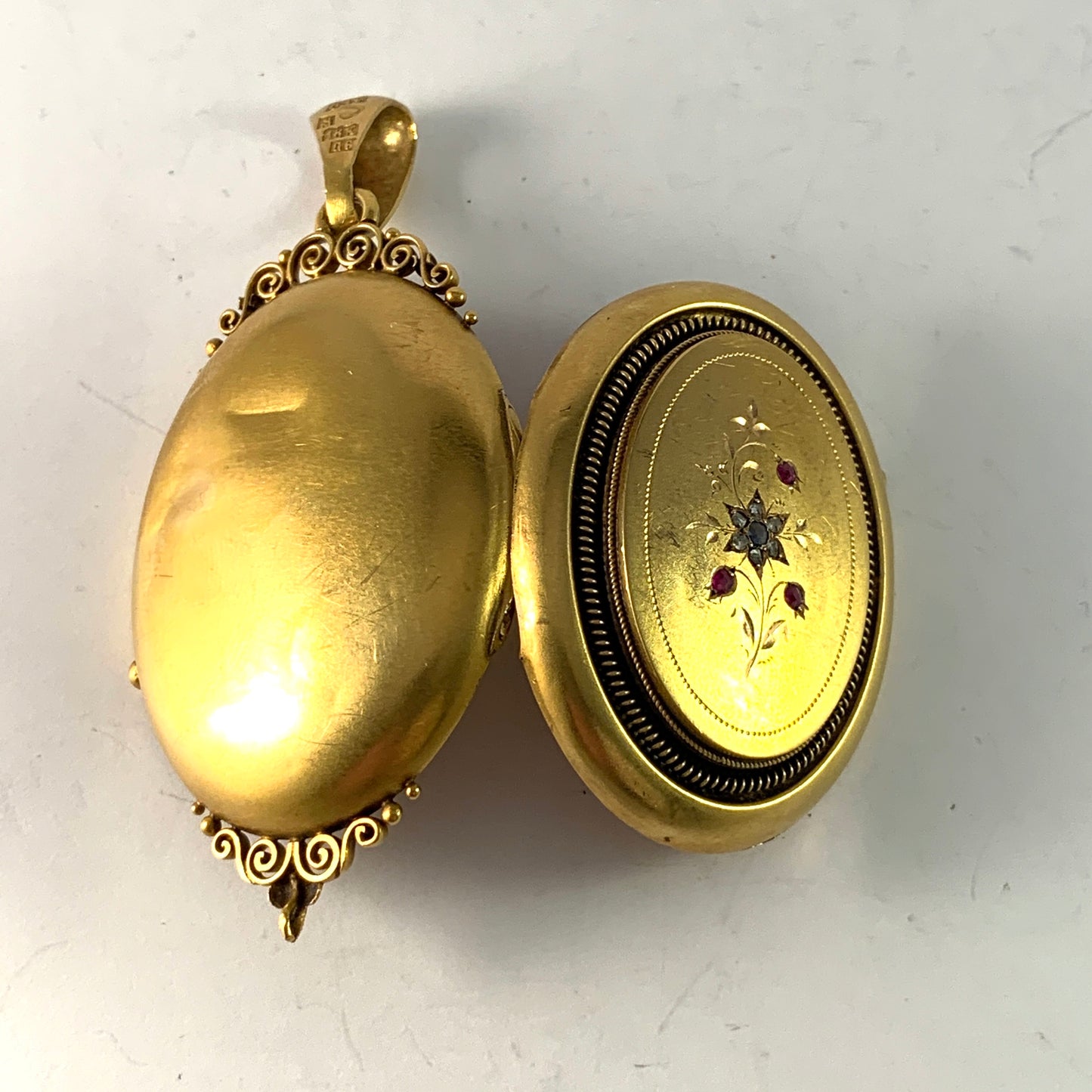 O A Fernqvist, Sweden 1885. Victorian Large 18k Gold Diamond Ruby Sapphire Locket Pendant. 21.9gram