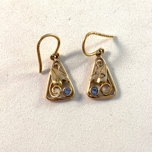 Mid Century 18k Gold Ice Blue Quartz Earrings.