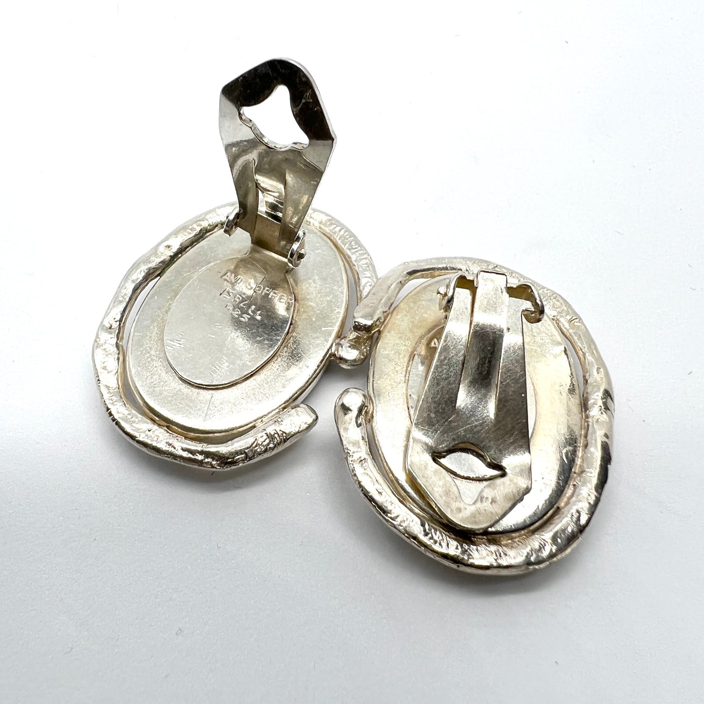 Avi Soffer, Israel Vintage Modernist Sterling Silver Onyx Large Earrings.