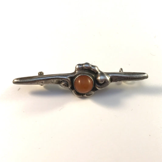 Peter Christian Jensen, Denmark 1915-1925 Arts and Crafts Skonvirke 830 Silver Amber Brooch Pin.