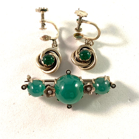 Raag & Havam, Sweden 1958 Solid 830 Silver Chrysoprase Brooch and Earrings