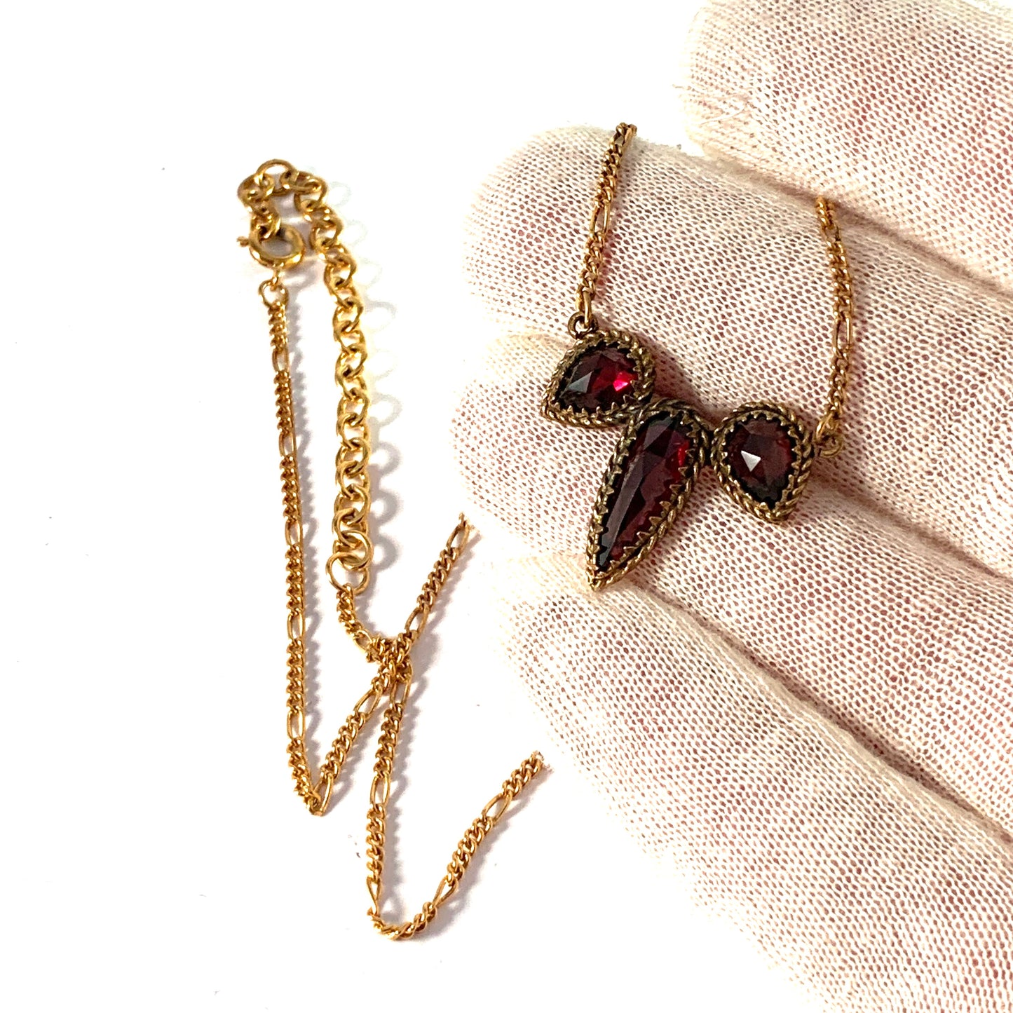 Vintage Mid Century Bohemian Garnet Gilt Metal Necklace.