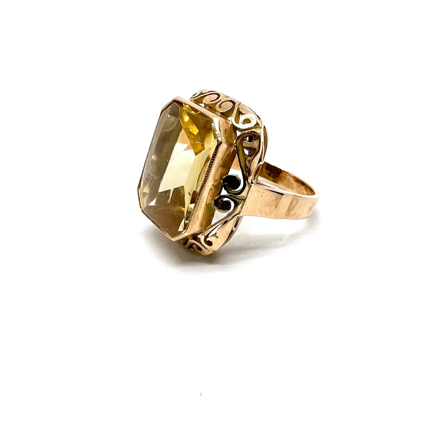 Warsaw Poland 1960s Bold Vintage 14k Gold Citrine Cocktail Ring.