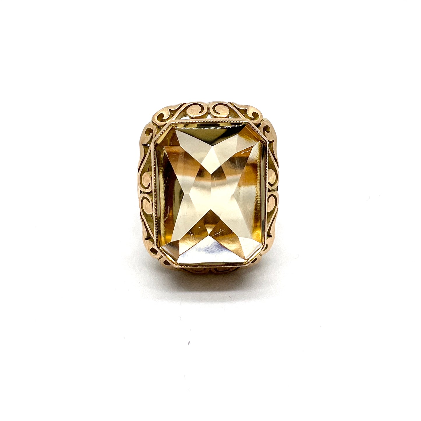 Warsaw Poland 1960s Bold Vintage 14k Gold Citrine Cocktail Ring.