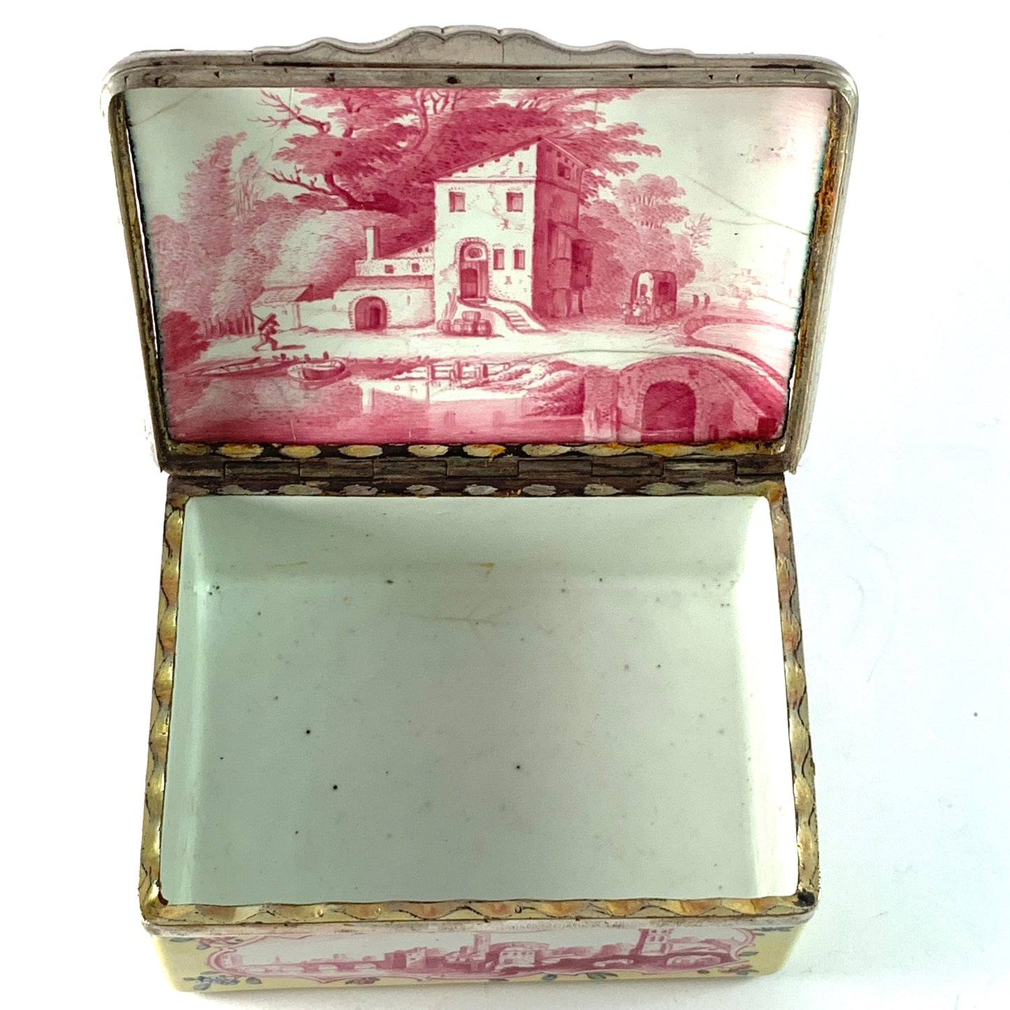 Very Rare Antique Georgian Enamel Table Snuff Box with Silver Rim