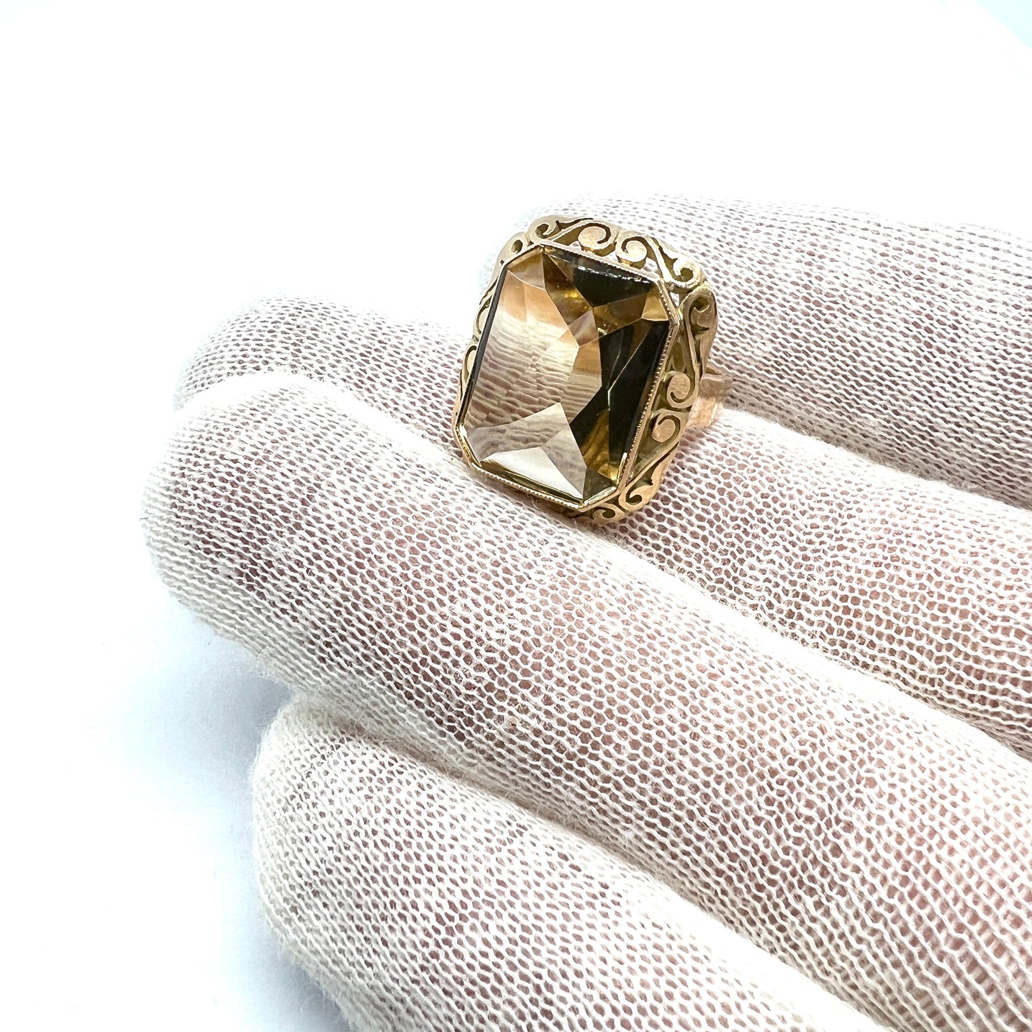 Warsaw Poland 1960s Bold Vintage 14k Gold Citrine Cocktail Ring.