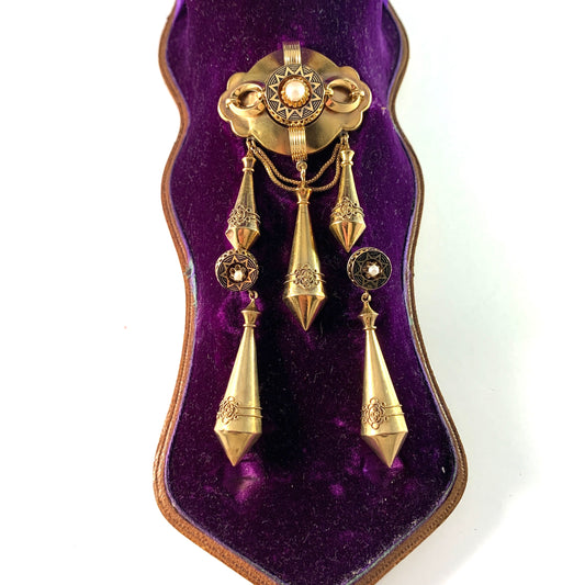 L Larsson, Gothenburg 1860s. Victorian Etruscan Revival 18k Gold Earrings and Brooch. Boxed.