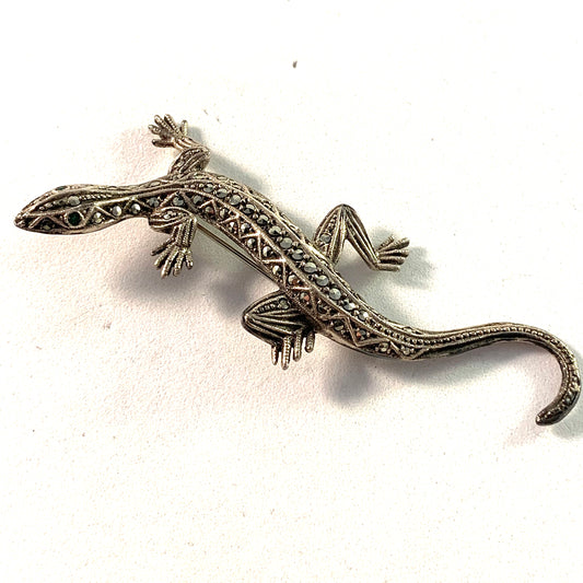 Large Mid Century 830 Silver Marcasite Salamander Brooch.