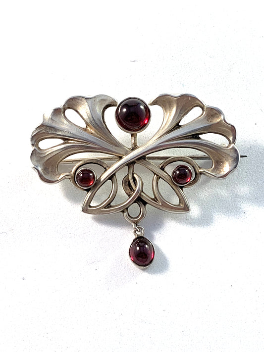 Pforzheim, Germany, Art Nouveau 900 Silver Garnet Brooch