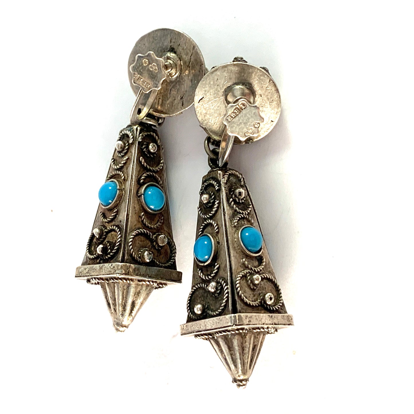 Raag & Havam, Sweden 1950s. Bold Etruscan Revival Sterling Silver Turquoise Earrings.