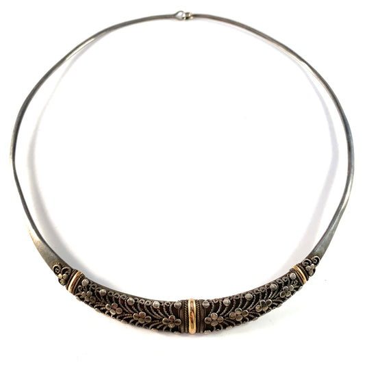 Spain, Vintage Solid 915 Silver Partly Gilded Filigree Torque Neck Ring Necklace.