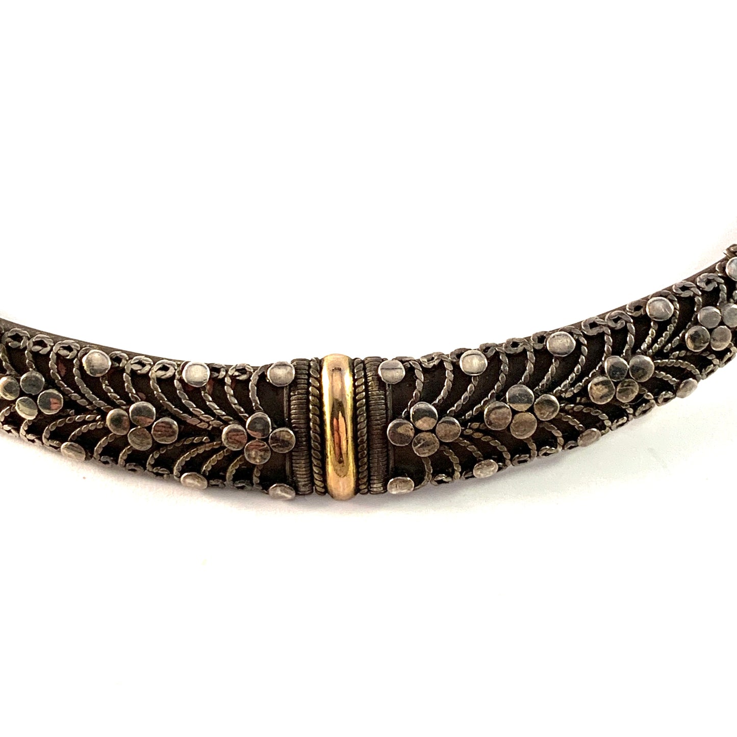 Spain, Vintage Solid 915 Silver Partly Gilded Filigree Torque Neck Ring Necklace.