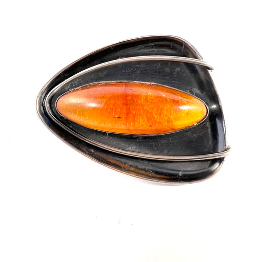 Teka Theodor Klotz, Germany 1950-60s Mid Century Modern Solid 835 Silver Amber Brooch.