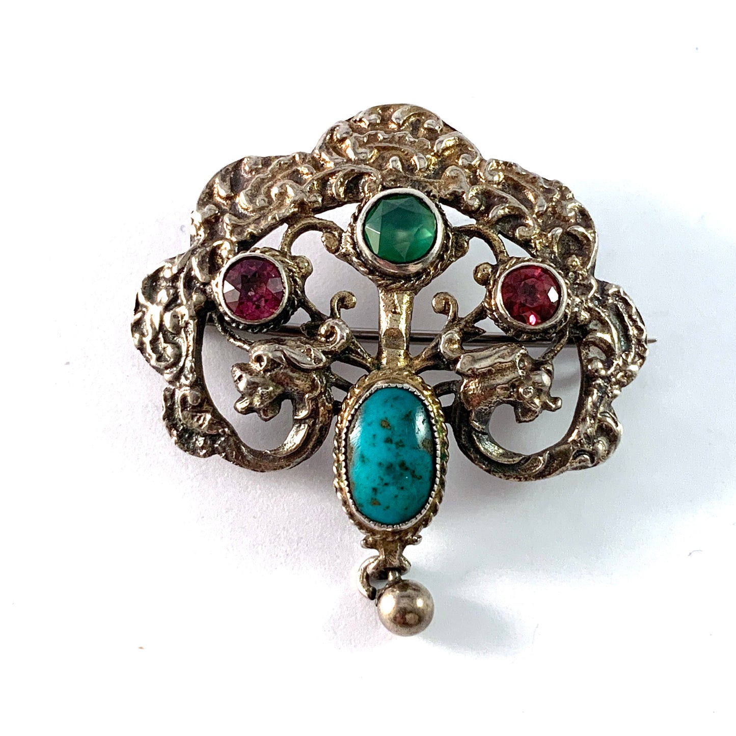 Austro Hungarian 1902-1918 Antique Renaissance Revival Sterling Silver Paste Stone Turquoise Brooch.