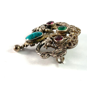 Austro Hungarian 1902-1918 Antique Renaissance Revival Sterling Silver Paste Stone Turquoise Brooch.