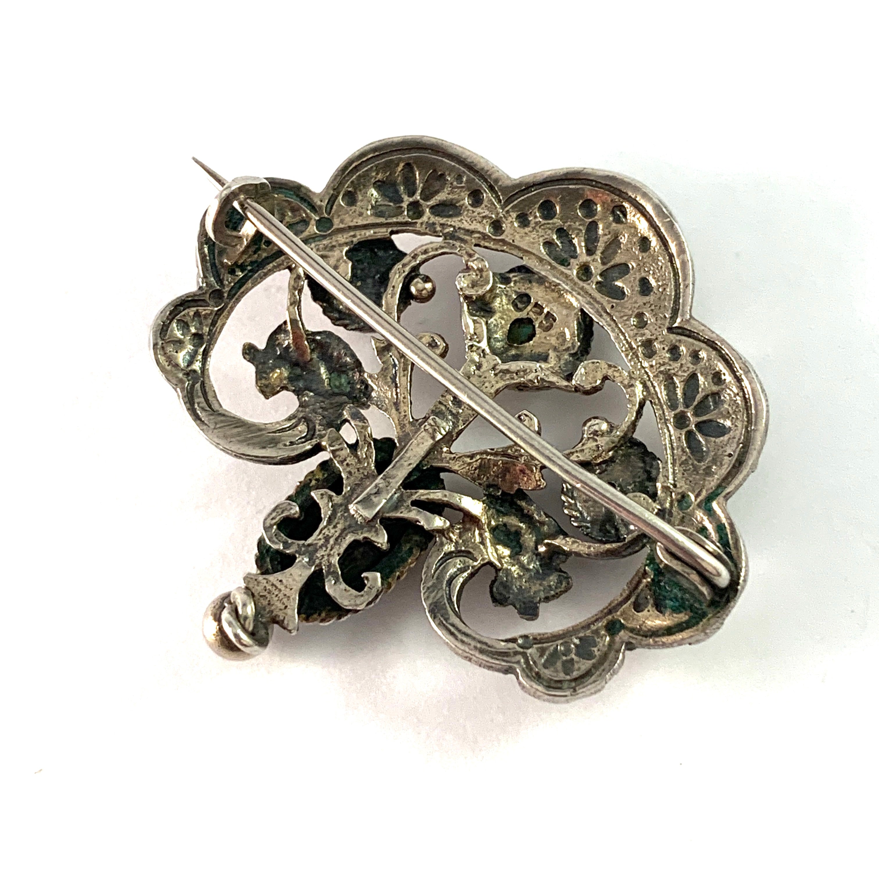 Austro Hungarian 1902-1918 Antique Renaissance Revival Sterling Silver Paste Stone Turquoise Brooch.