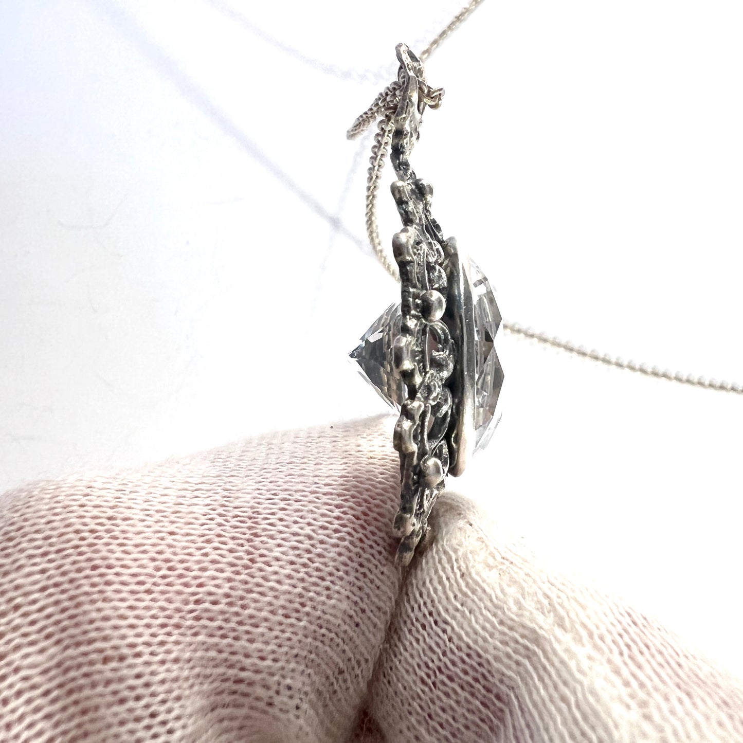 Urpo Hakala, Finland 1970s. Vintage Solid Silver Large Rock Crystal Pendant Necklace.