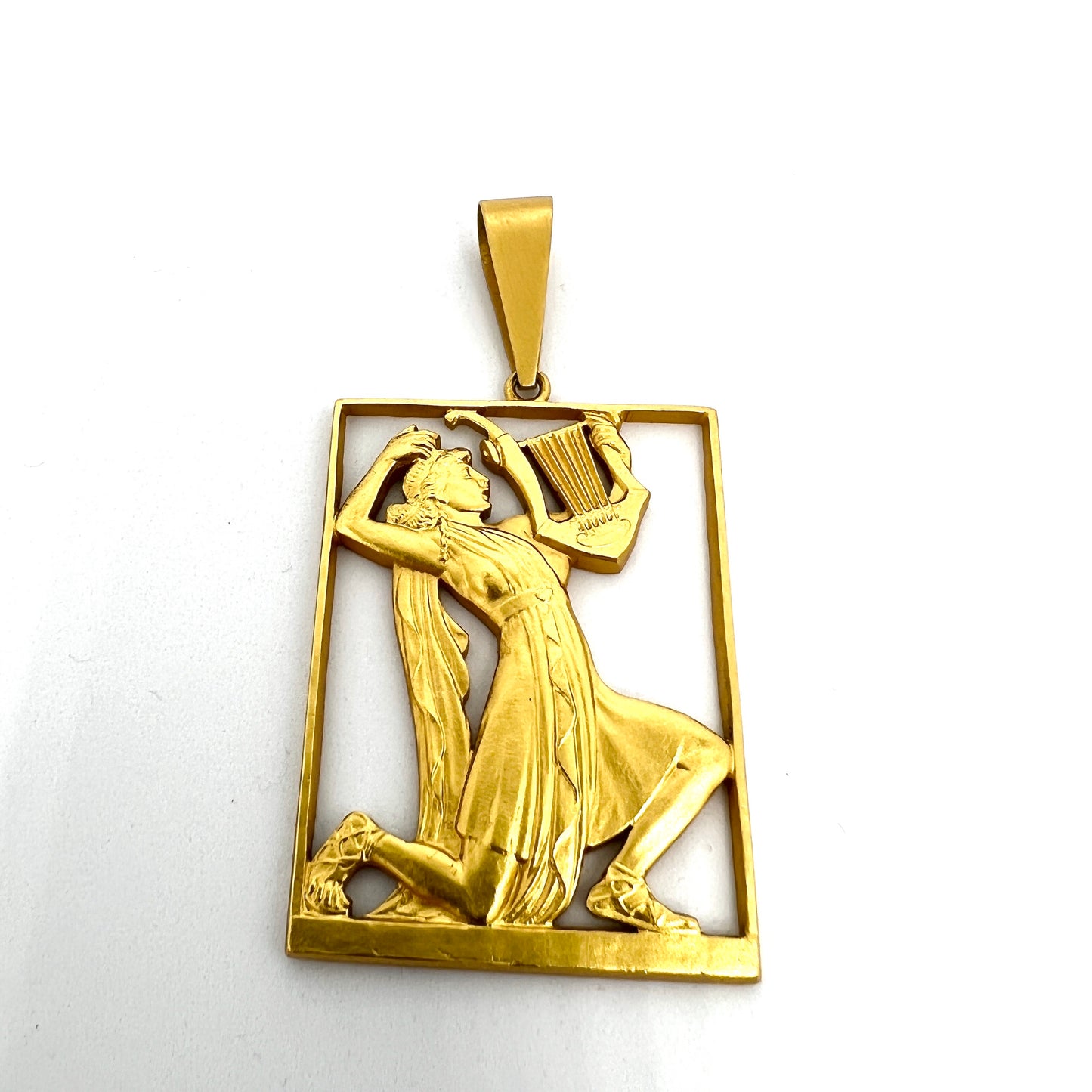 Tore Strindberg for Sporrong, Sweden 1959. Large Gilt Sterling Silver Pendant. Calliope Greek Mythology