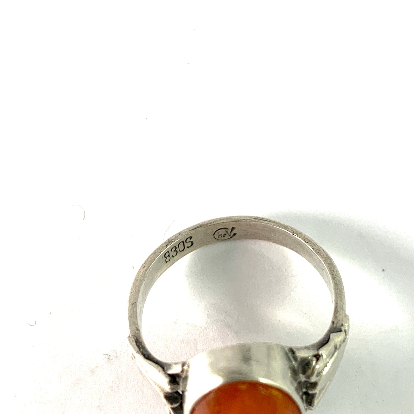 Christian Veilskov, Copenhagen. Vintage c 1960s Solid Silver Amber Ring.