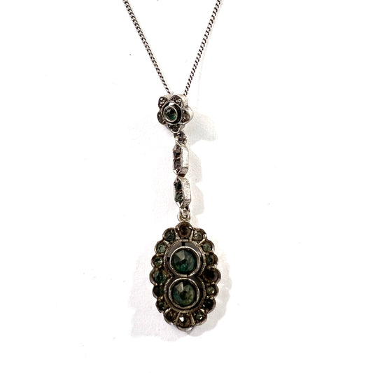 Antique c 1920 Solid 835 Silver Green Paste Stone Pendant Necklace.