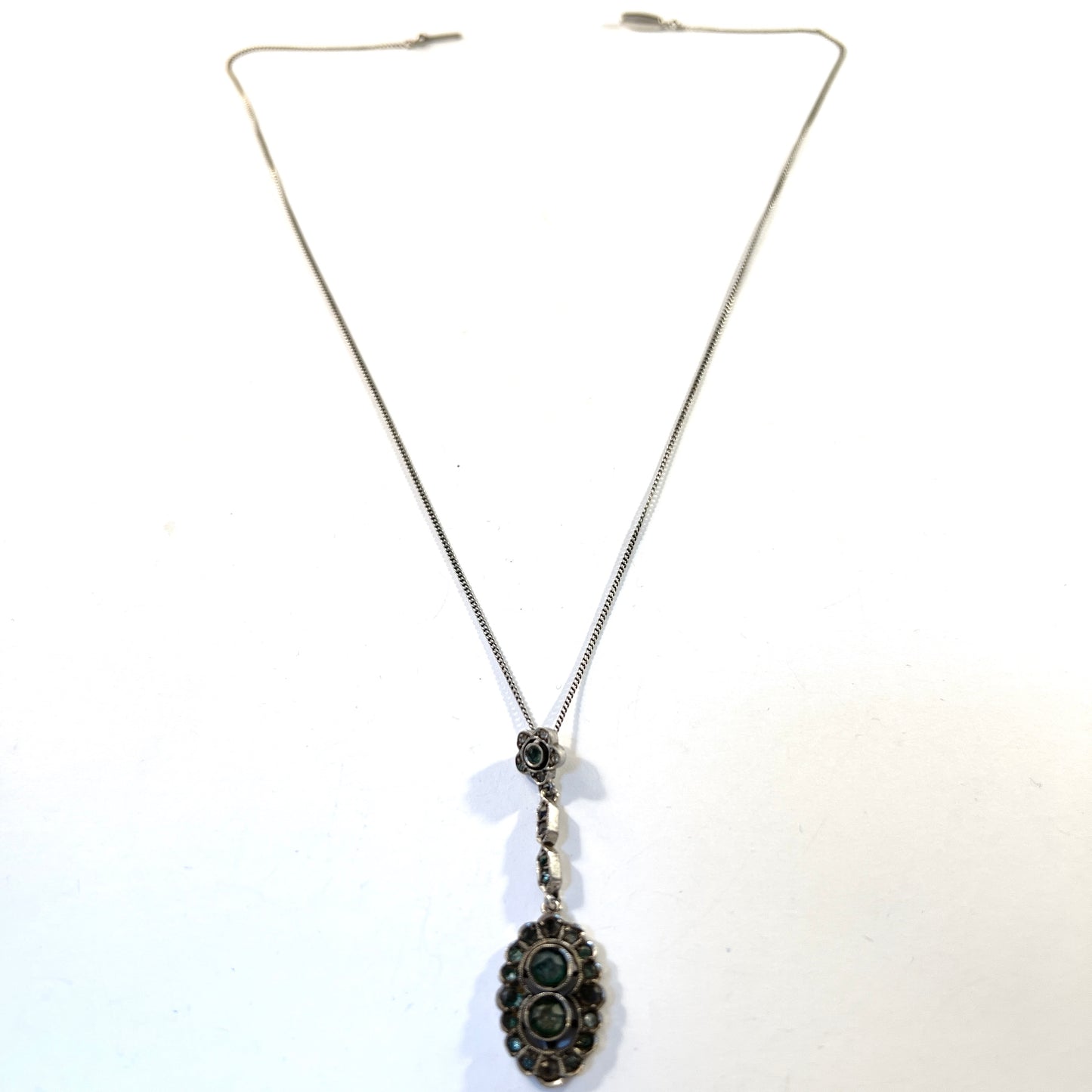 Antique c 1920 Solid 835 Silver Green Paste Stone Pendant Necklace.