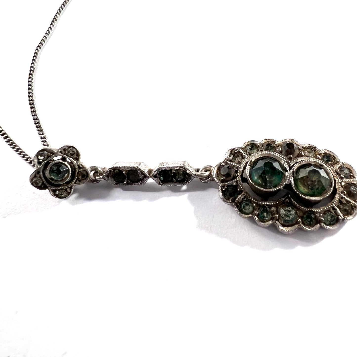 Antique c 1920 Solid 835 Silver Green Paste Stone Pendant Necklace.