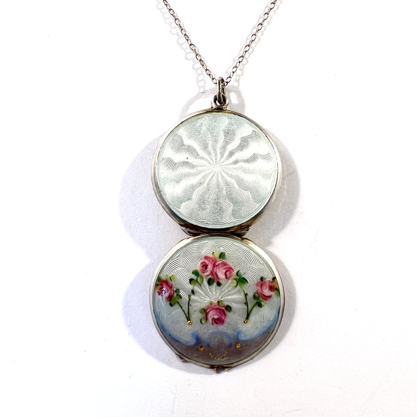 Antique Art Nouveau 935 Sterling Silver Enamel Locket Pendant Necklace.