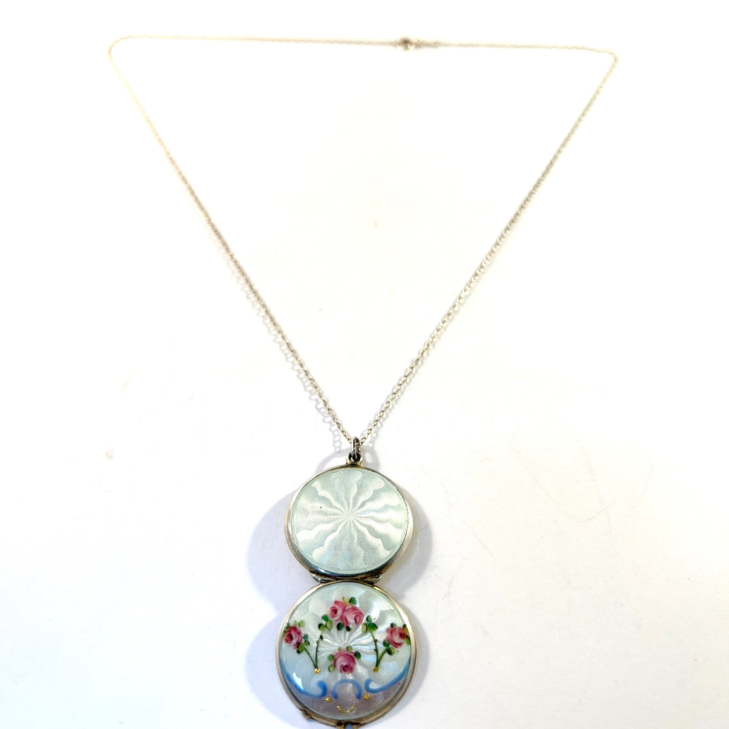 Antique Art Nouveau 935 Sterling Silver Enamel Locket Pendant Necklace.