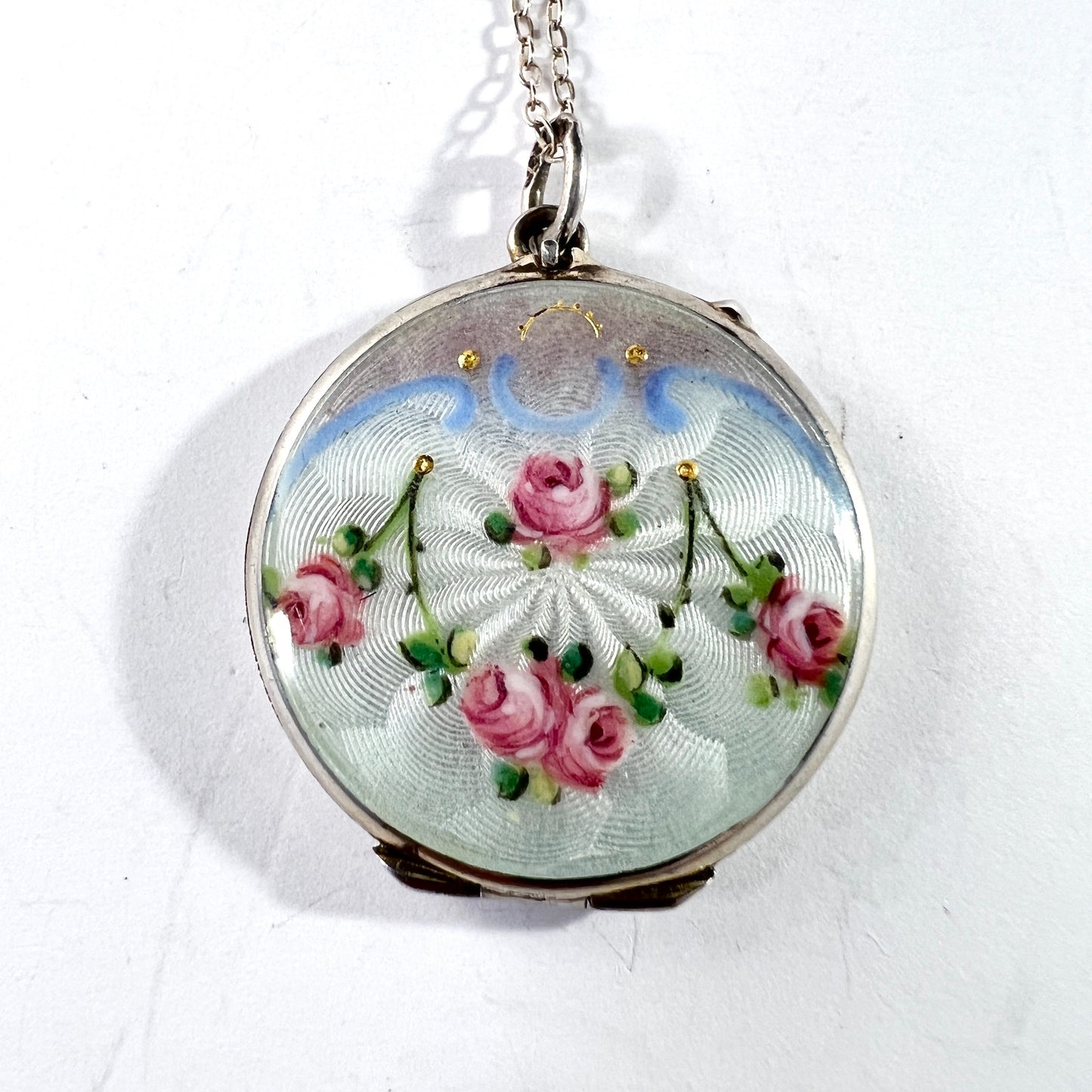 Antique Art Nouveau 935 Sterling Silver Enamel Locket Pendant Necklace.