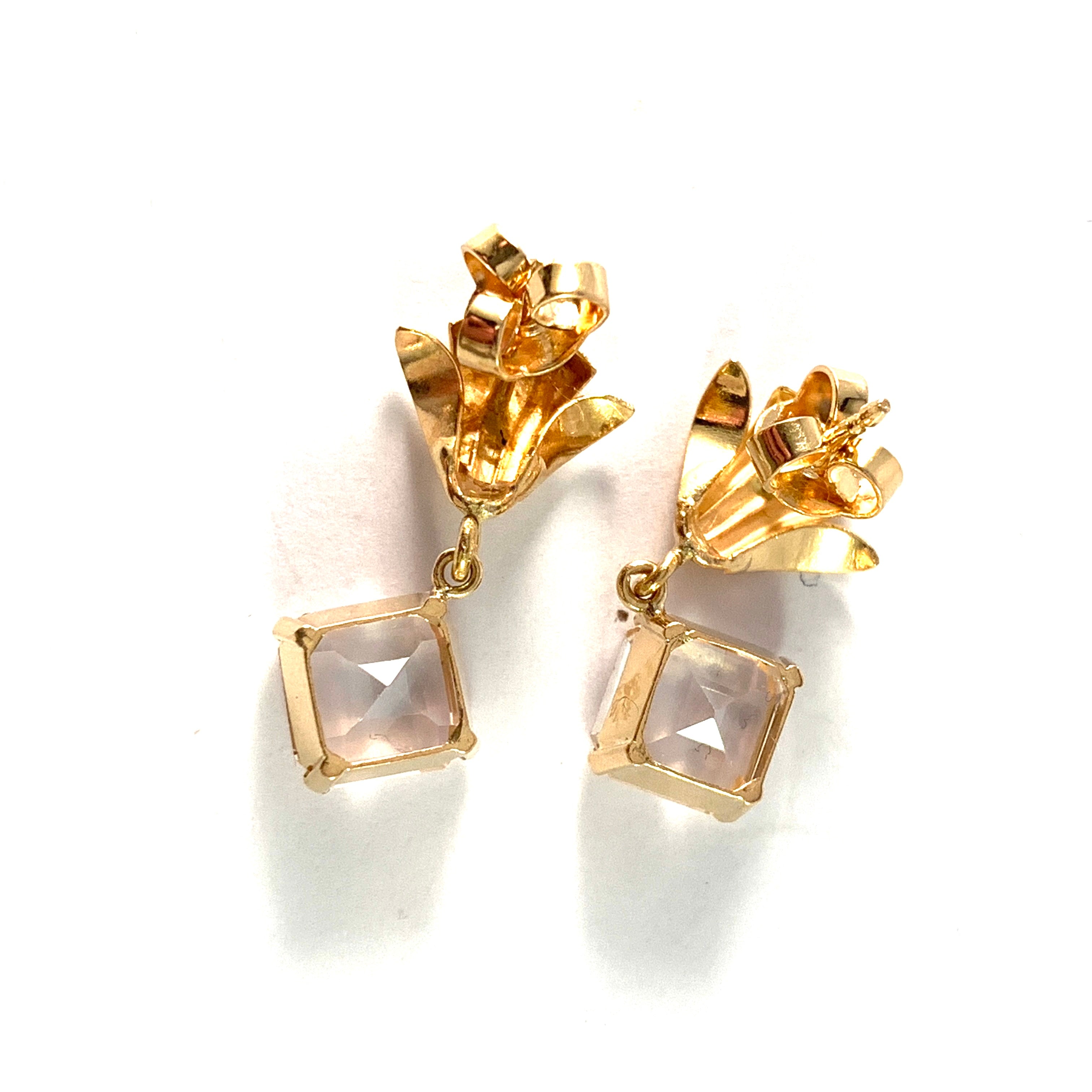 J Petterson, Sweden c 1950s. Mid Century 18k Gold Rock Crystal Earrings.