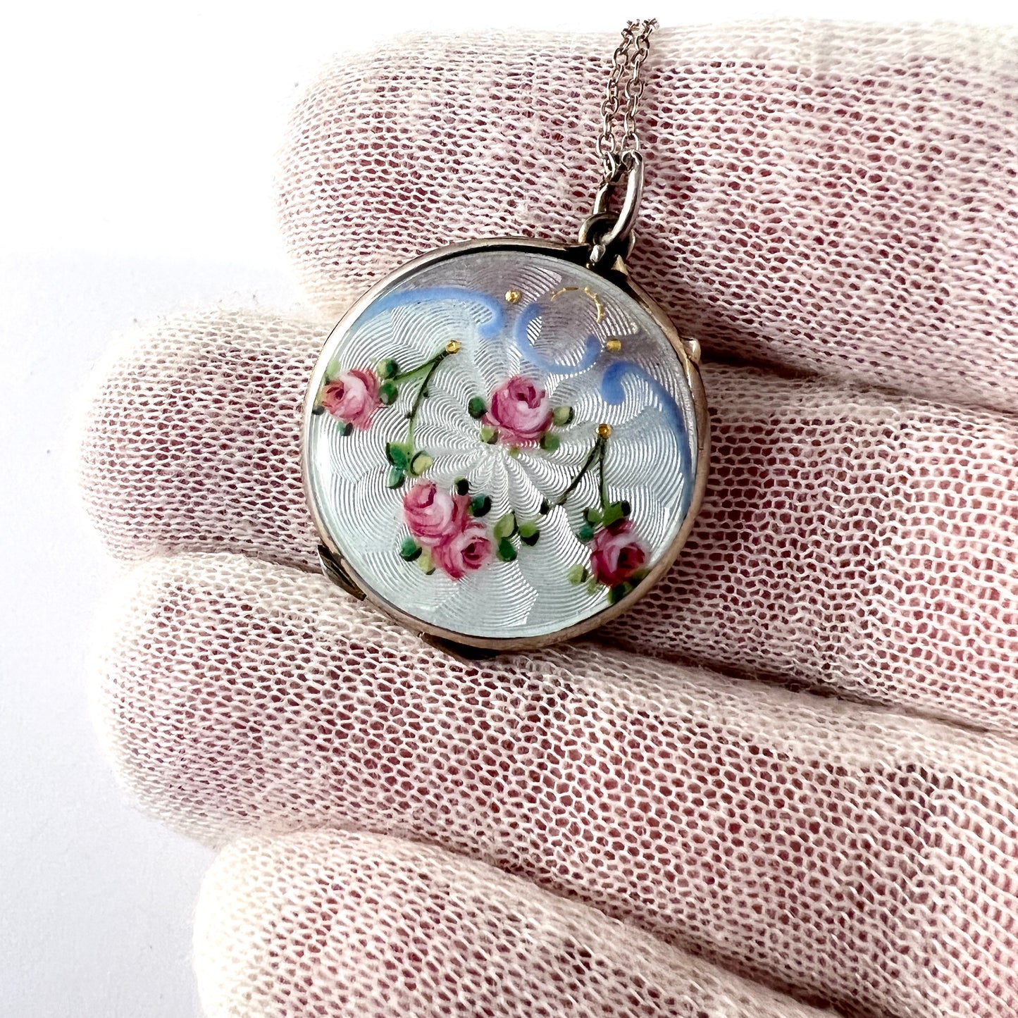 Antique Art Nouveau 935 Sterling Silver Enamel Locket Pendant Necklace.