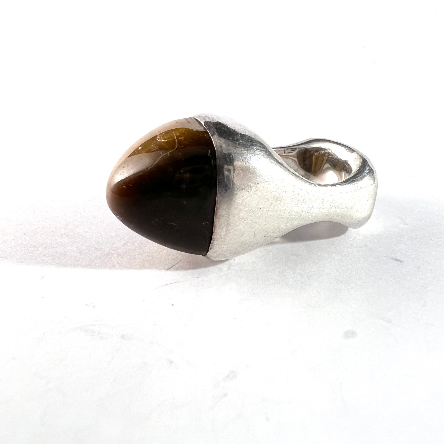 France 1960-70s. Bold Vintage Modernist Solid Silver Tiger's Eye Ring.