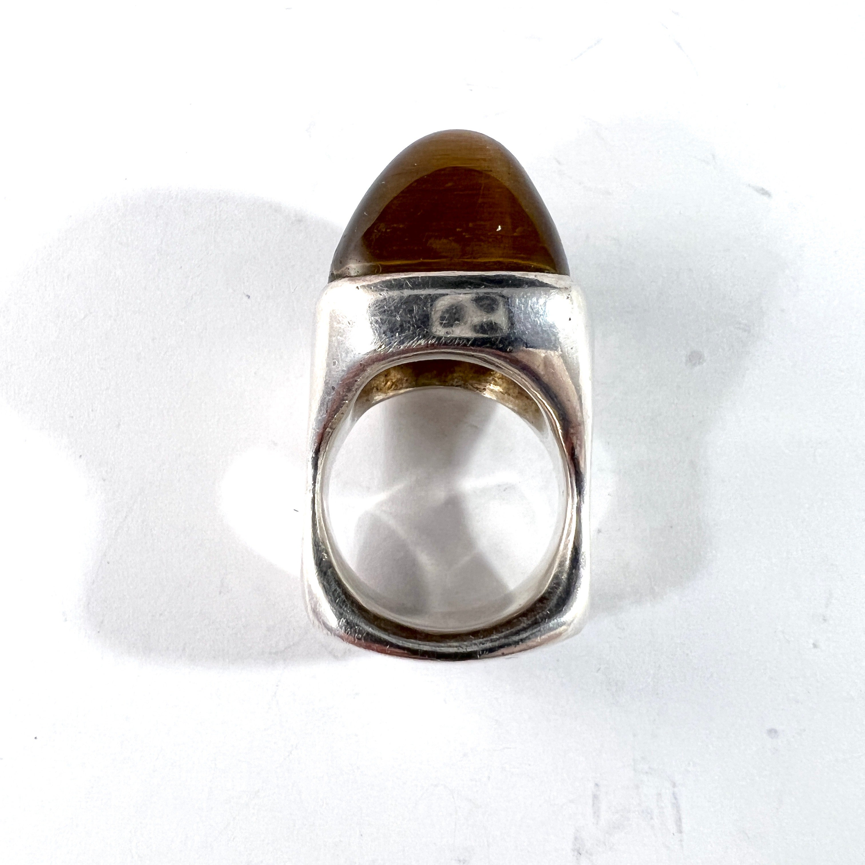 France 1960-70s. Bold Vintage Modernist Solid Silver Tiger's Eye Ring.